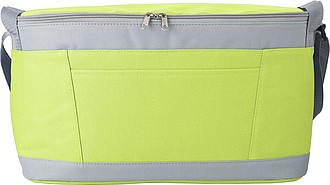 Polyester (600D) cooler bag with PEVA lining on the interior. Open front pocket.