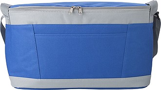 Polyester (600D) cooler bag with PEVA lining on the interior. Open front pocket.