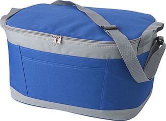 Polyester (600D) cooler bag with PEVA lining on the interior. Open front pocket.