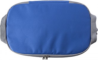 Polyester (600D) cooler bag with PEVA lining on the interior. Open front pocket.