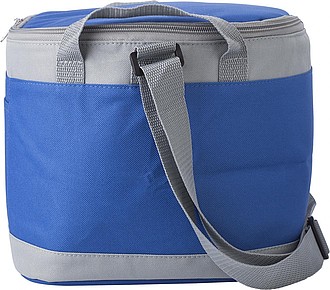 Polyester (600D) cooler bag with PEVA lining on the interior. Open front pocket.