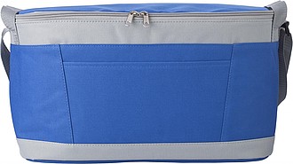 Polyester (600D) cooler bag with PEVA lining on the interior. Open front pocket.
