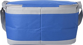 Polyester (600D) cooler bag with PEVA lining on the interior. Open front pocket.