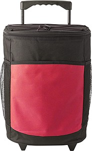 Polyester (600D) cooler trolley bag with extendable handle and 2 wheels.