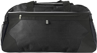 Polyester (600D) sports bag with front zipped pocket and a mesh pocket on both sides.