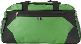 Polyester (600D) sports bag with front zipped pocket and a mesh pocket on both sides.
