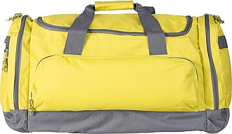 Polyester (600D) sports bag with various compartments and an adjustable shoulder strap.