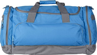 Polyester (600D) sports bag with various compartments and an adjustable shoulder strap.