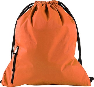 Pongee (190T) drawstring backpack. The front has a pocket with zipper.