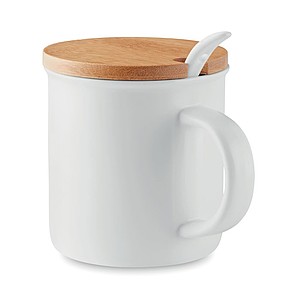 Porcelain mug with spoon and bamboo lid. Individual box. Pad printing is not dishwasher safe.