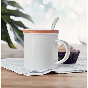 Porcelain mug with spoon and bamboo lid. Individual box. Pad printing is not dishwasher safe.
