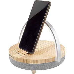 Prixton 4-in-1 10W Bluetooth® speaker with LED light and wireless charging base, wood