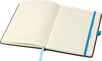 PU notebook (approx. A5) with 96 lined pages, ribbon marker, and elastic band over the cover.