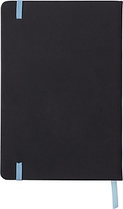 PU notebook (approx. A5) with 96 lined pages, ribbon marker, and elastic band over the cover.
