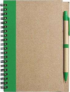 Recycled cardboard, wire bound notebook with 60 lined pages and ballpen