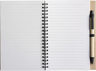 Recycled cardboard, wire bound notebook with 60 lined pages and ballpen