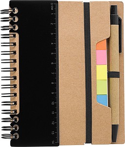 Recycled paper, wire bound notebook with 60 lined pages, ruler and ballpen with blue ink.