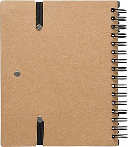Recycled paper, wire bound notebook with 60 lined pages, ruler and ballpen with blue ink.