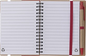 Recycled paper, wire bound notebook with 60 lined pages, ruler and ballpen with blue ink.
