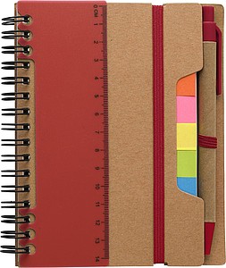 Recycled paper, wire bound notebook with 60 lined pages, ruler and ballpen with blue ink.