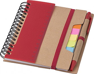 Recycled paper, wire bound notebook with 60 lined pages, ruler and ballpen with blue ink.