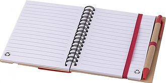 Recycled paper, wire bound notebook with 60 lined pages, ruler and ballpen with blue ink.