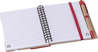 Recycled paper, wire bound notebook with 60 lined pages, ruler and ballpen with blue ink.