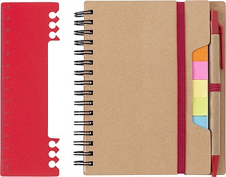 Recycled paper, wire bound notebook with 60 lined pages, ruler and ballpen with blue ink.