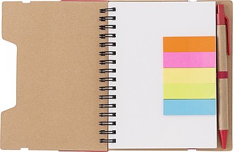 Recycled paper, wire bound notebook with 60 lined pages, ruler and ballpen with blue ink.