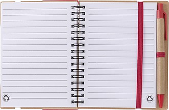 Recycled paper, wire bound notebook with 60 lined pages, ruler and ballpen with blue ink.