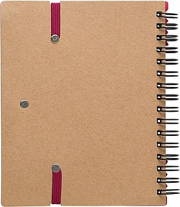 Recycled paper, wire bound notebook with 60 lined pages, ruler and ballpen with blue ink.