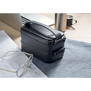 Recycled PP two-tier lunch box with removable divider with side buckles and airtight lid