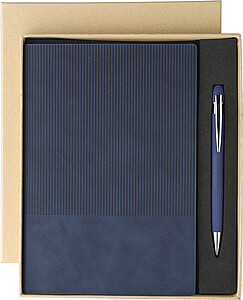 Recycled PU notebook (A5) and ballpen set Tarek, blue