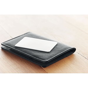 RFID blocking card. The aluminium layer inside this card blocks all radio frequencies passing throug