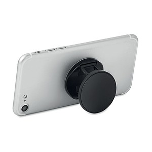 Round shaped foldable phone accessory in ABS with two functions: phone stand and holder.