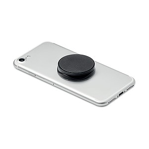 Round shaped foldable phone accessory in ABS with two functions: phone stand and holder.