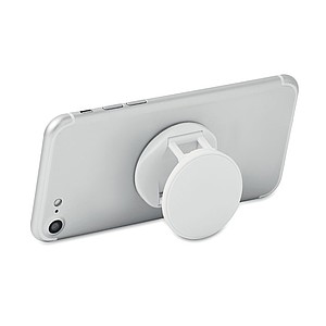 Round shaped foldable phone accessory in ABS with two functions: phone stand and holder.