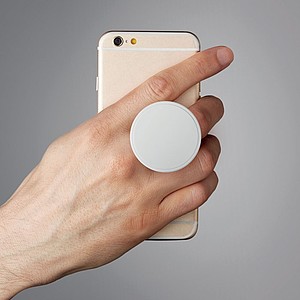 Round shaped foldable phone accessory in ABS with two functions: phone stand and holder.