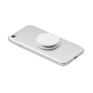 Round shaped foldable phone accessory in ABS with two functions: phone stand and holder.