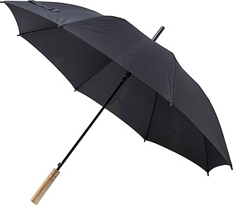 RPET Pongee (190T) automatic umbrella with eight panels. Metal frame and bamboo handle.