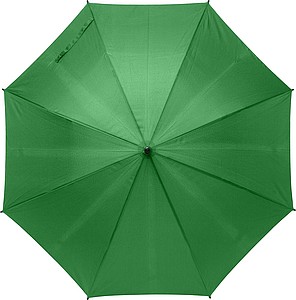 RPET Pongee (190T) automatic umbrella with eight panels. Metal frame and bamboo handle.