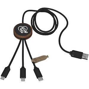 SCX.design C36 3-in-1 rPET light-up logo extended charging cable with round bamboo casing, wood