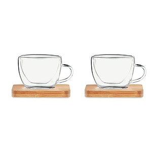 Set of 2 double wall espresso glasses with bamboo saucer. Presented in Kraft paper box.