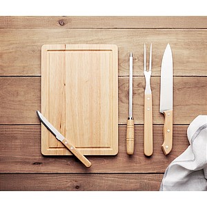 Set of 4 stainless steel barbecue grilling accessories with cutting board in polyester pouch.
