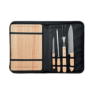 Set of 4 stainless steel barbecue grilling accessories with cutting board in polyester pouch.