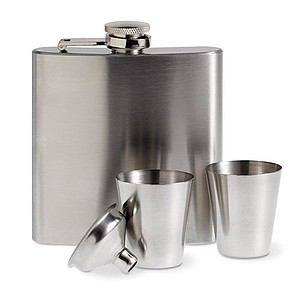 Slim hip flask w 2 cups set, matt silver