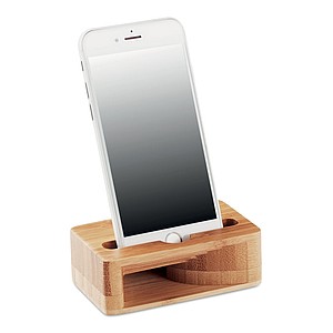 Smartphone stand and amplifier in bamboo material.
