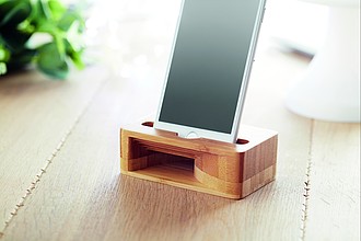 Smartphone stand and amplifier in bamboo material.