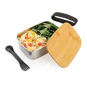 Stainless steel lunchbox with bamboo lid and spork, silver