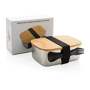Stainless steel lunchbox with bamboo lid and spork, silver